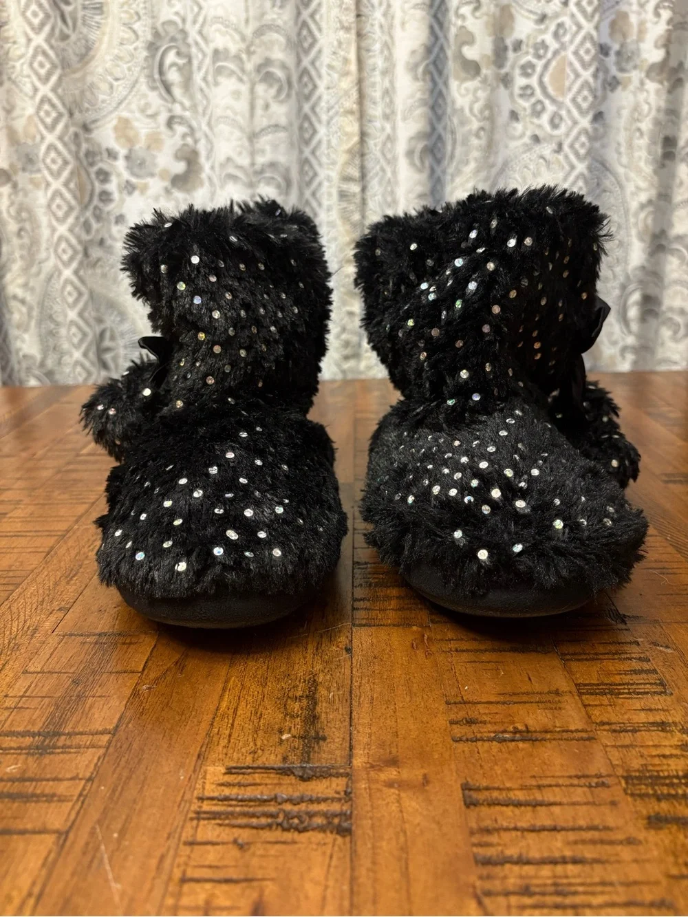 Capelli of New York Black Faux-Fur Sequin Ankle Boot Slippers with Bow Accent